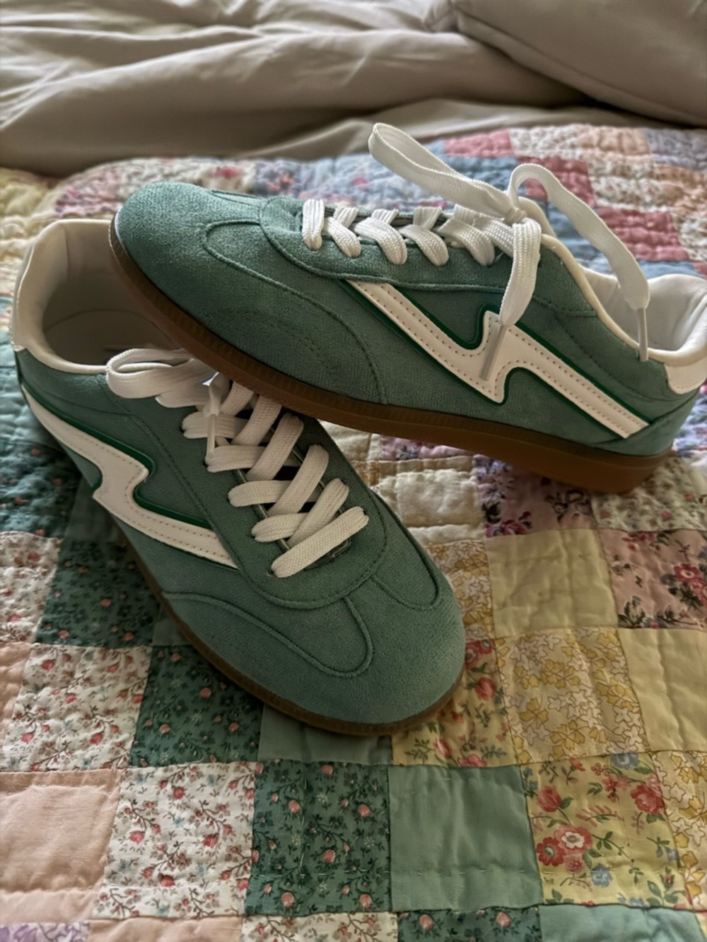 Low-Top Suede Sneakers in Teal with White Trim